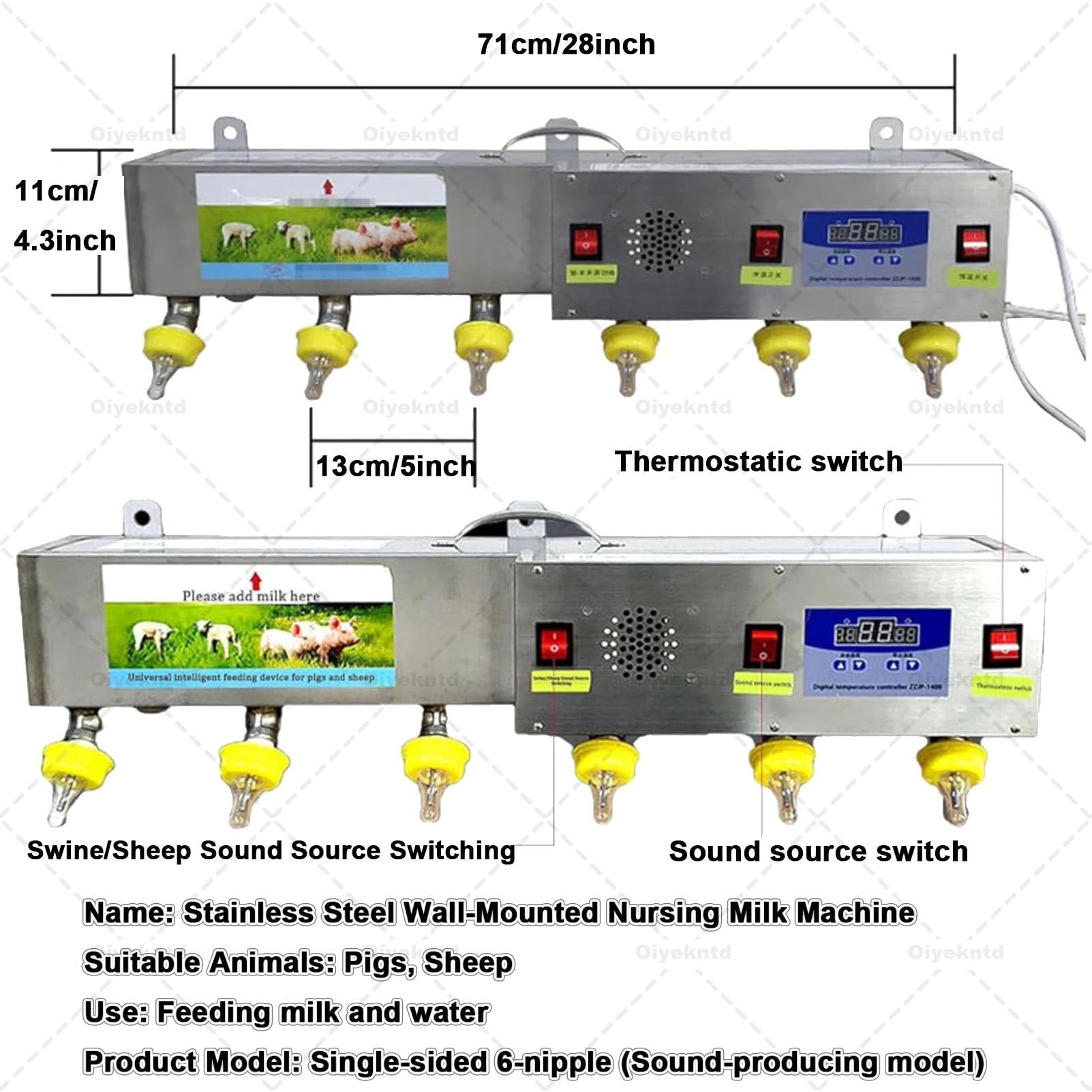 6 comederos de tetina Totalmente automáticos, de Acero Inoxidable, para Leche y Agua a Temperatura Constante, con simulación de Sonido, para lechones y corderos
