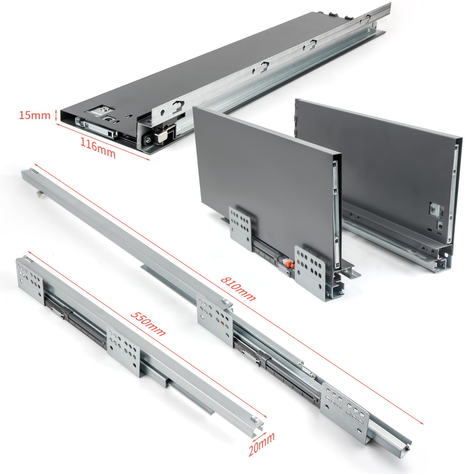 Slim Wall Drawer System, Ultra-Thin Tandem Box Slide, Slim Soft Close Drawer Slide Full Extension, Kitchen/Cabinet/Office Drawer System, Soft Close Runner 100LB (1 Pack, Slide 22in, Side Wall 4.5in)