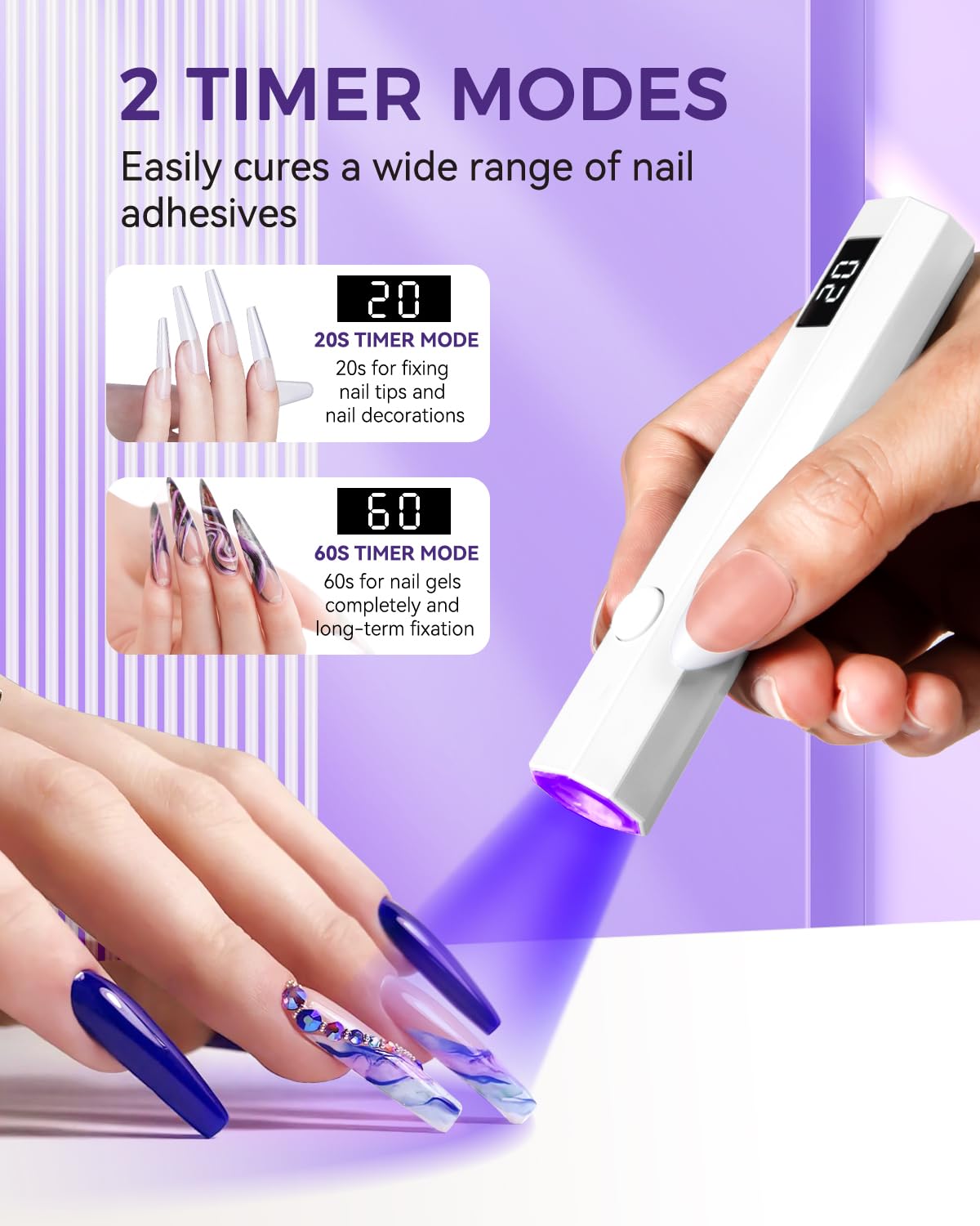 mlogiroa Mini luz UV para uñas, luz de curado de mano, lámpara LED portátil de 3 W con 2 ajustes de temporizador, 20/60 segundos, para el hogar, salón de belleza, esmalte de gel para mujeres (blanco)