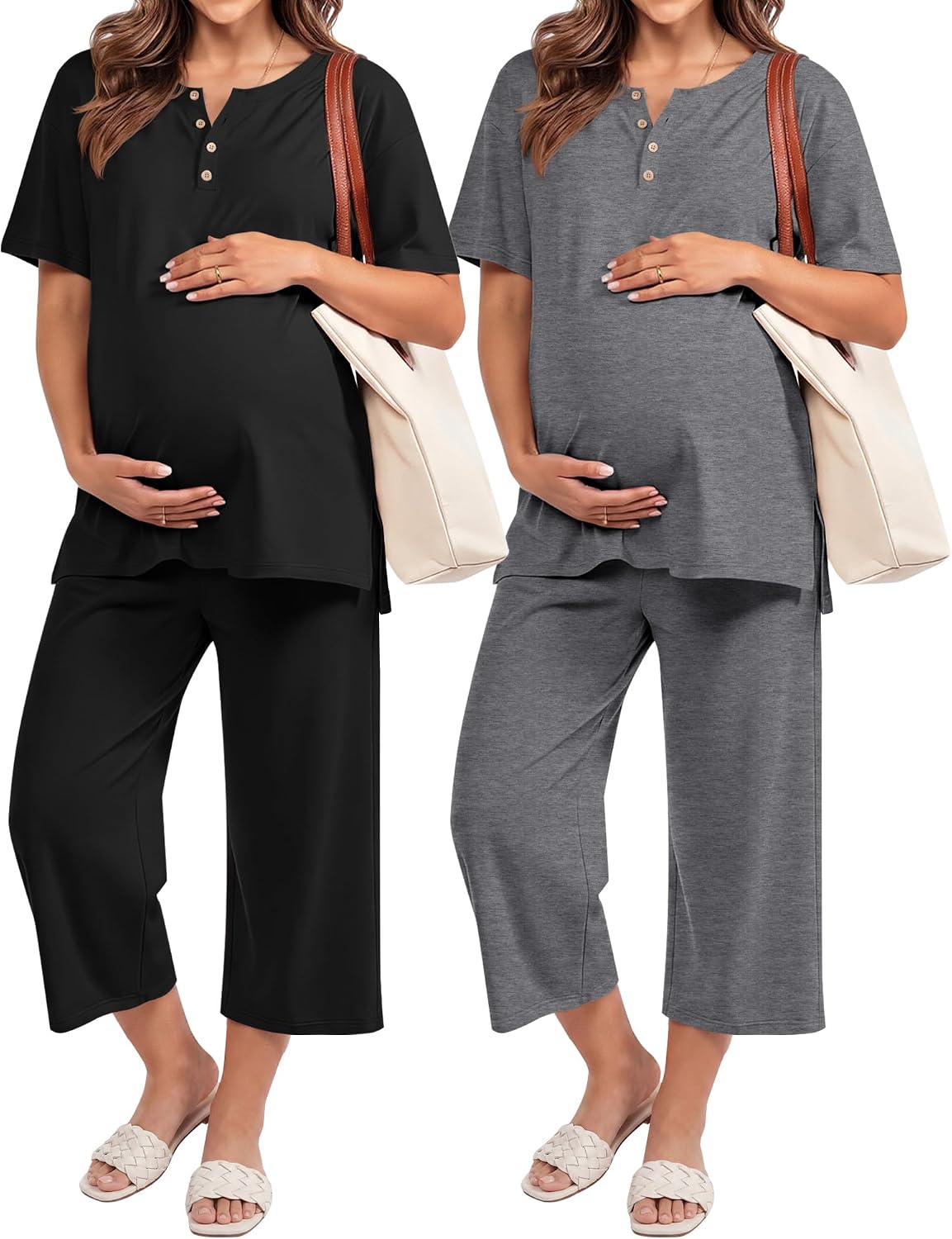 2 Pack Maternity Outfits Pregnancy Postpartum Pajama Lounge Set Oversized T-shirt Capri Pants Soft Summer Sleepwear(Black, Dark Mix Gray,Small)