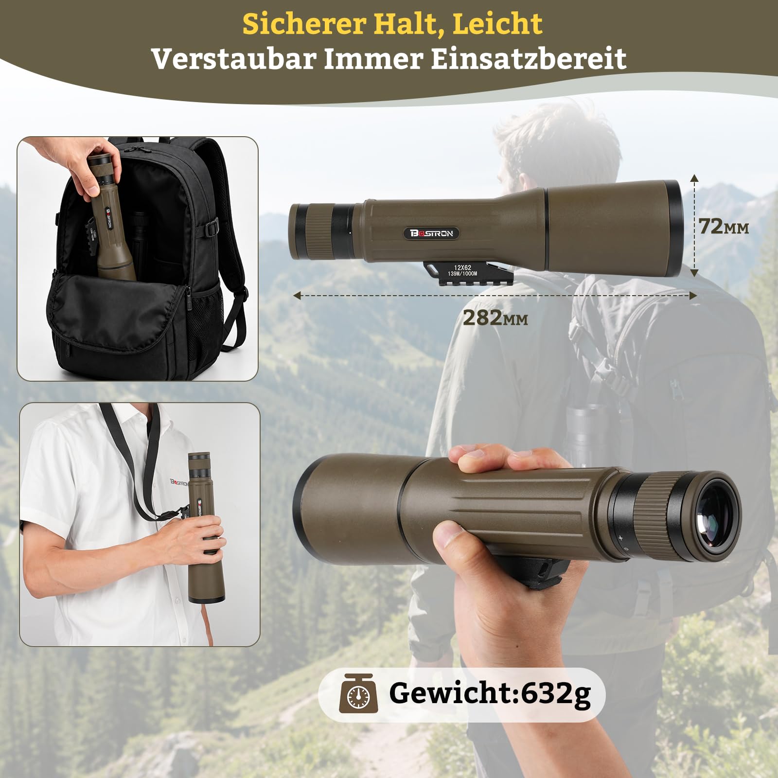 12×62 Spektiv Vogelbeobachtung HD IPX7 Wasserdichtes | Spektiv mit Stativ BAK4 FMC Porro Prism für Sportschützen,Twist-up-Augenmuschel,Monokular Fernrohr für Jagd Wildtiere