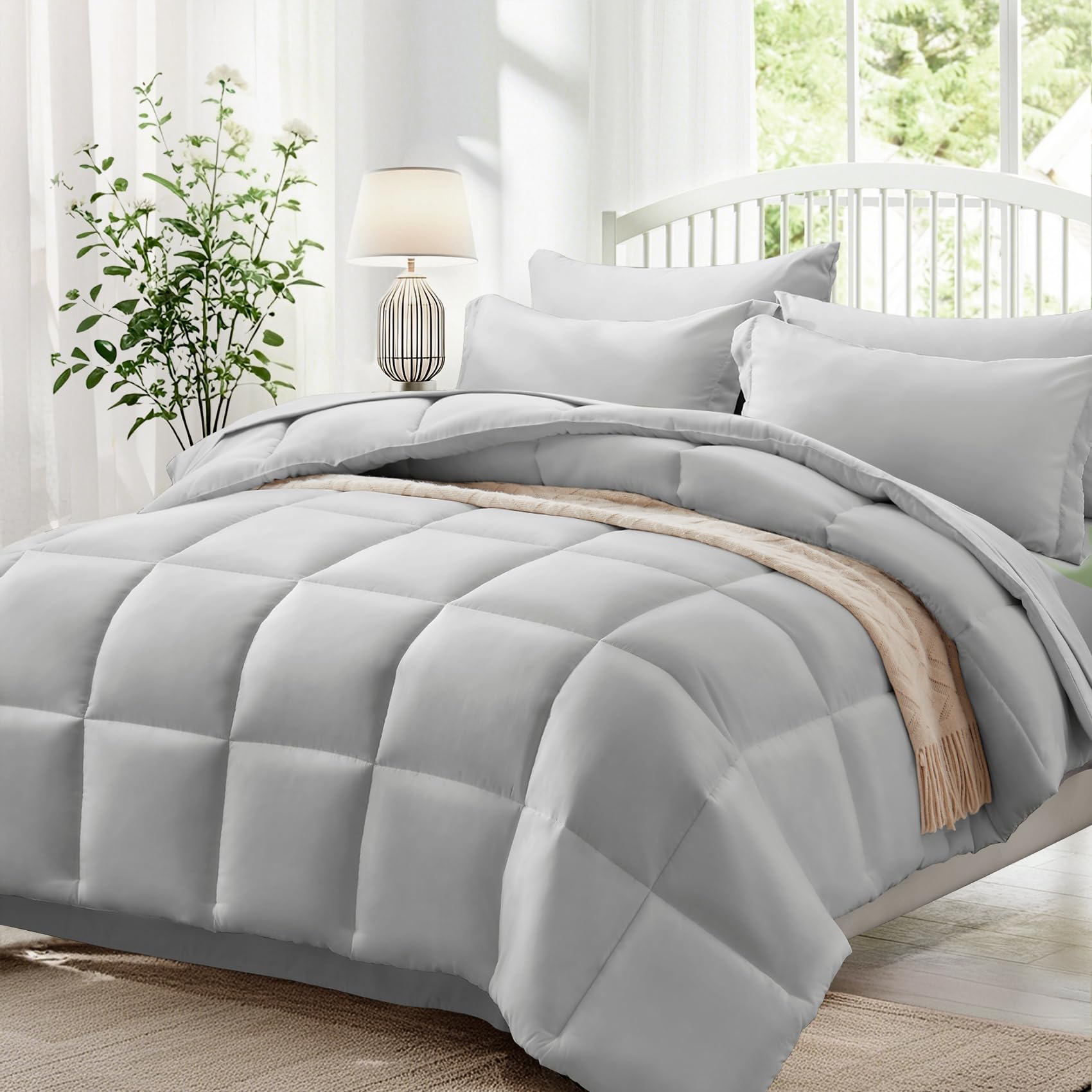 Zzlpp Full Comforter Set 7 Piece, Light Grey Bed in a Bag with Comforters, Pillow Shams, Pillowcases, Flat Sheet, Fitted Sheet with 2 Pockets