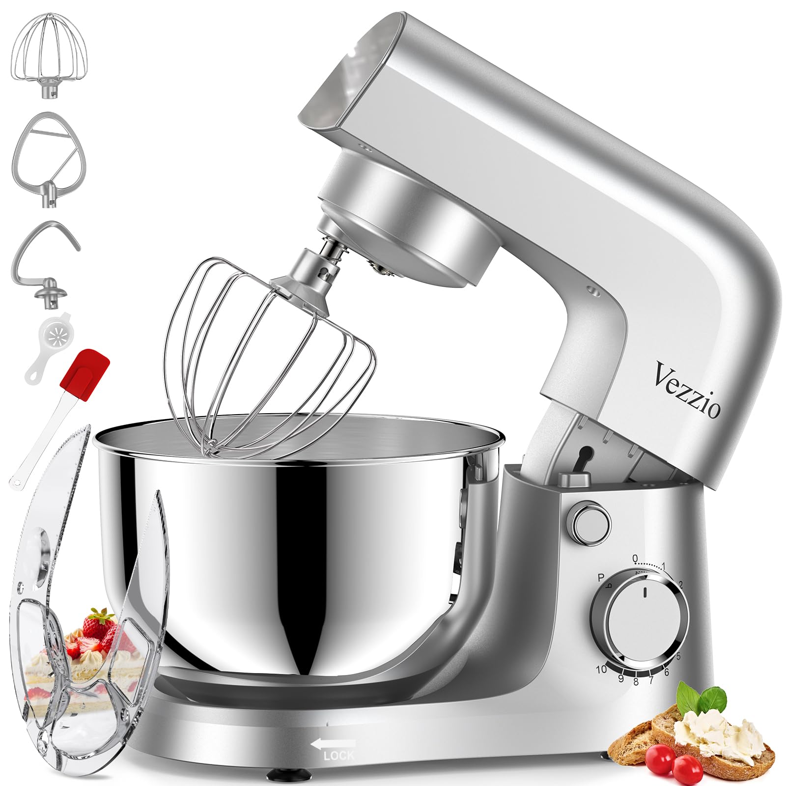 Vezzio Small Stand Mixer,4.5 liters Food Mixers for Baking,1500W 10-Speed Kitchen Cake Mixers,Electric Kitchen Mixers with Small form-factor, Easy to use and Lightweight(4.5L, Silver)