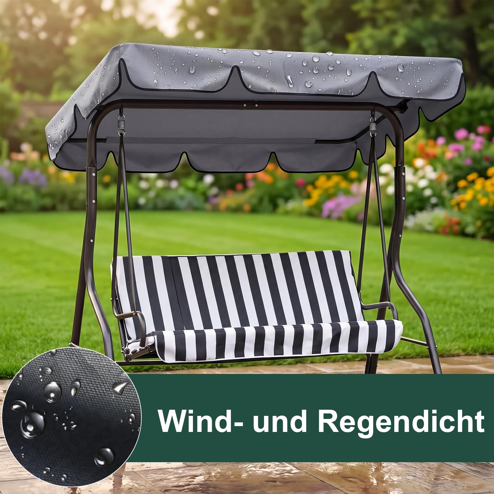 Toit de Rechange pour Balancelle de Jardin 210 x 145 x 18CM, Auvent Imperméable de Rechange, Bâche de Toit pour Balancelle de Jardin, pour Balancelle Hollywoodienne, Gris, Anti-UV