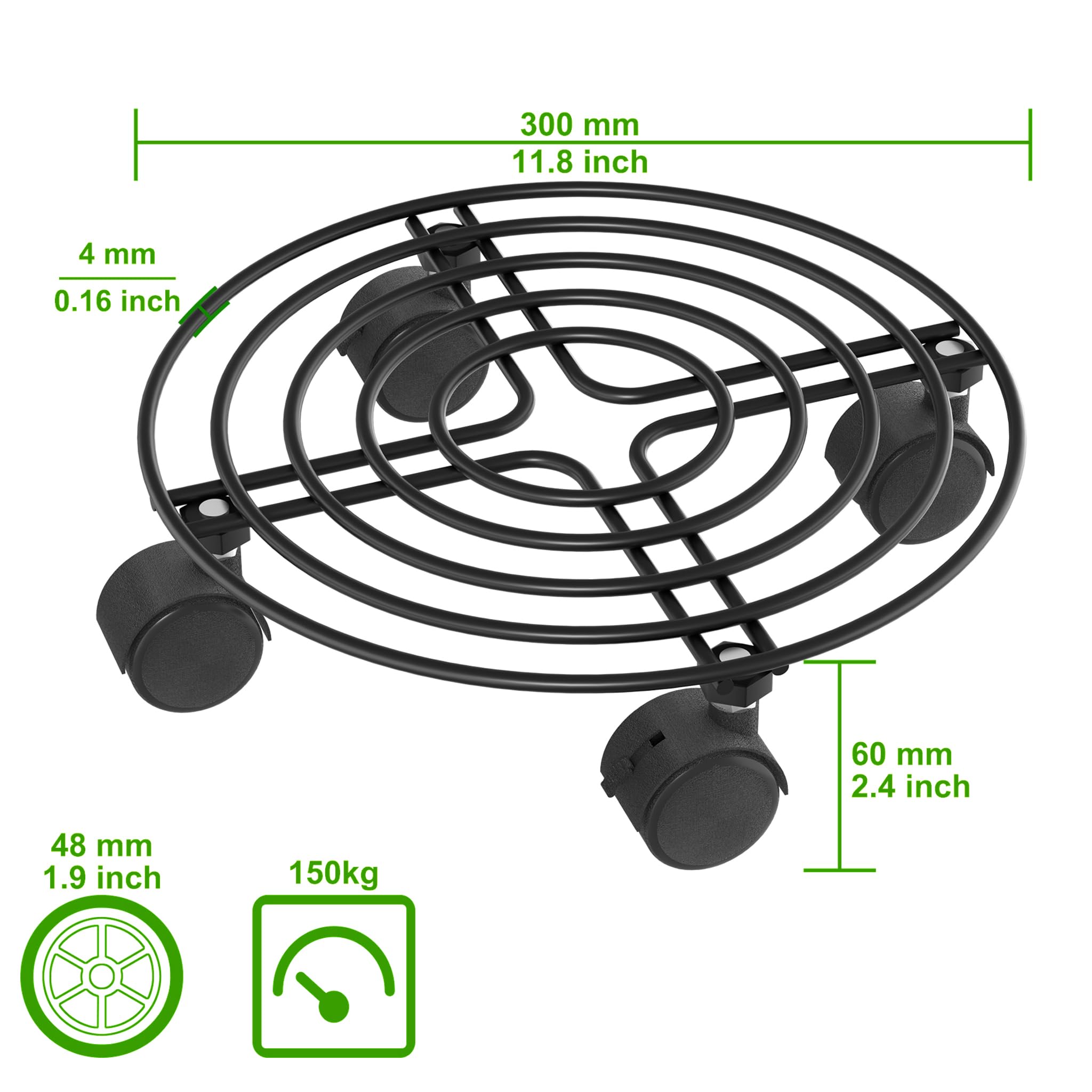Chariot pour plantes d'extérieur 30 cm roulettes pivotantes 360° 150 kg pied de parasol poubelle citerne