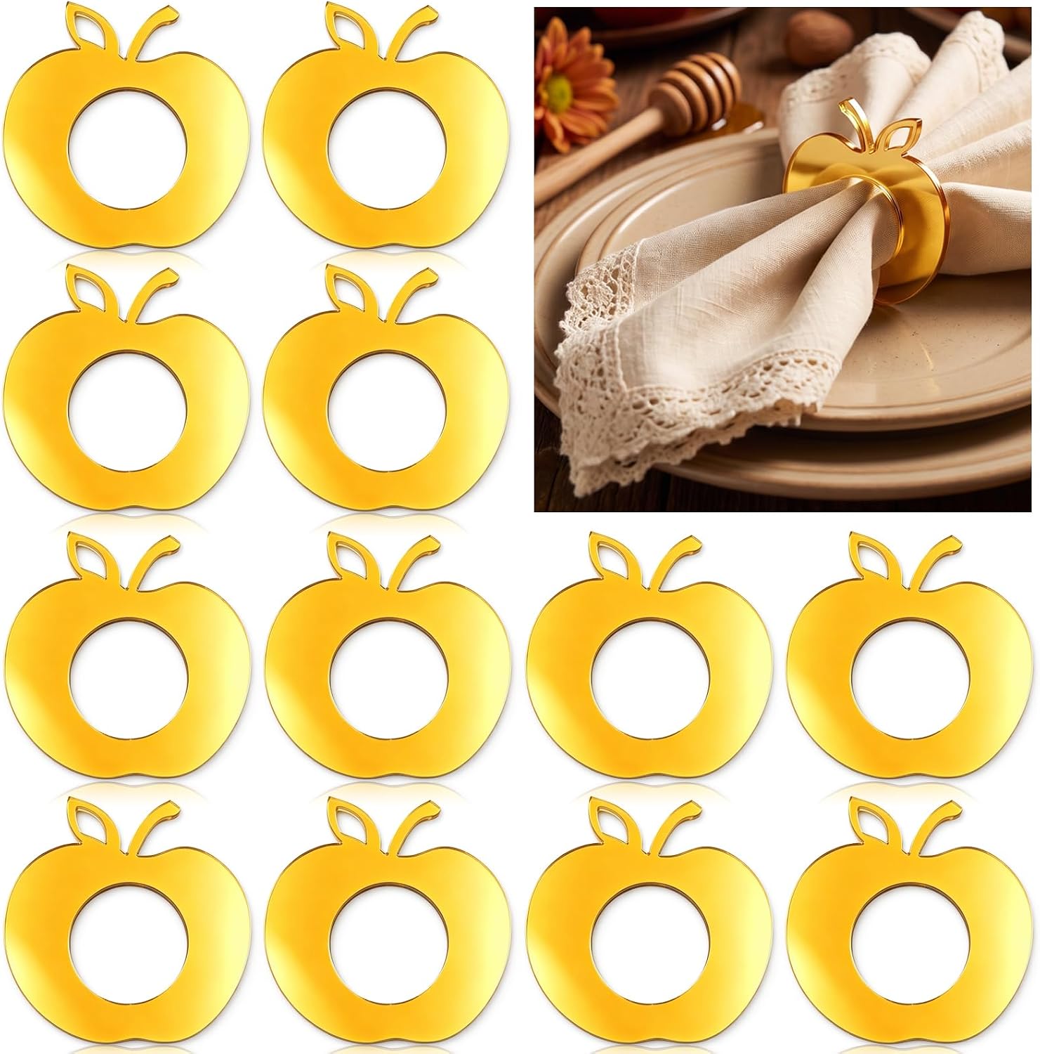 12 Pack Rosh Hashanah Table Decor Napkin Rings Red Apple Shaped Acrylic Napkin Holders for Jewish New Year Wedding Holiday Dinner School Party Table Setting