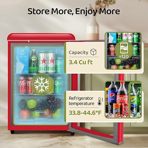 Miniatura 3 de Refrigerador retro de 3.4 pies cúbicos para bebidas pequeñas con puerta de vidrio templado doble, 120 latas de vino y cerveza, mini refrigerador