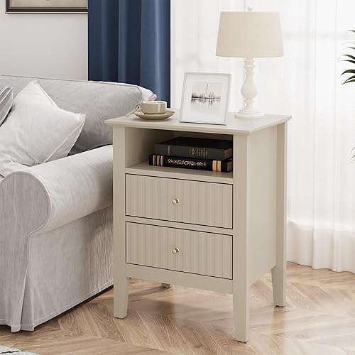 RoyalCraft - Mesa auxiliar beige acanalada con 2 cajones, mesa auxiliar colorida para dormitorio, mesa auxiliar moderna de madera con almacenamiento
