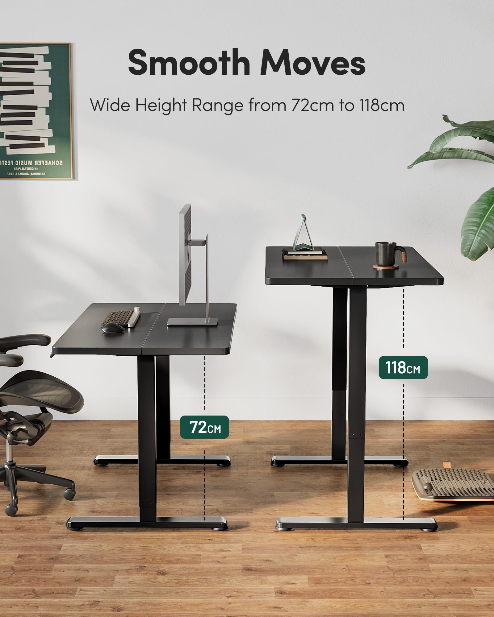 FEZIBO 48 x 24 Inchs Electric Standing Desk, Height Adjustable, Sit Stand Up, Computer Office Desk with Splice Board, Black Frame/Black Top