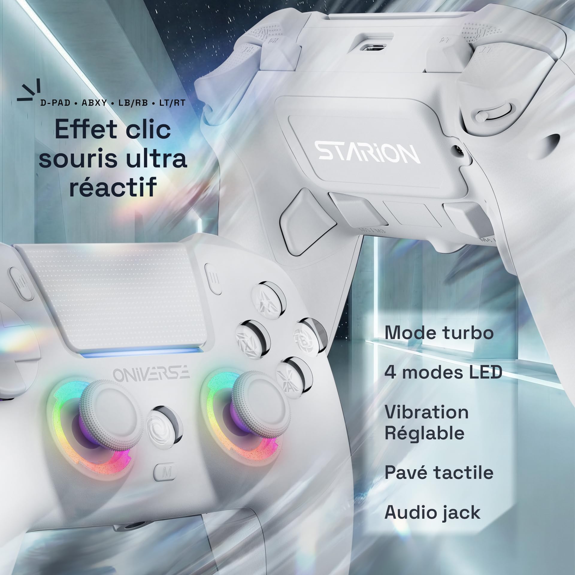 Oniverse Manette sans fil pour PS5/PC/Steam Deck - Starion - Joystick et gâchette Hall Effect, Palettes macro programmables, Gâchettes L4/R4, Pavé tactile, Anti-Drift, Bluetooth/USB-C - White