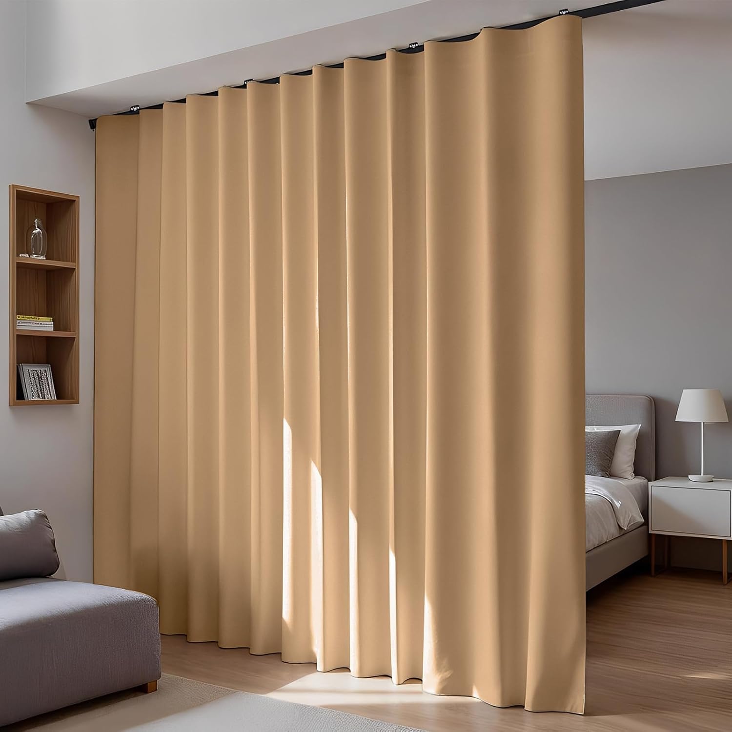 Room Divider Blackout Curtains Flexible Sliding Tracks Sets Ceiling Mounted Rod Window Curtain Privacy Separation for Bedroom Living Rooms,1 Panel Khaki Drape and Black Track Set-W108xH96 in Khaki 108"W x 96"L (Pack of 1)