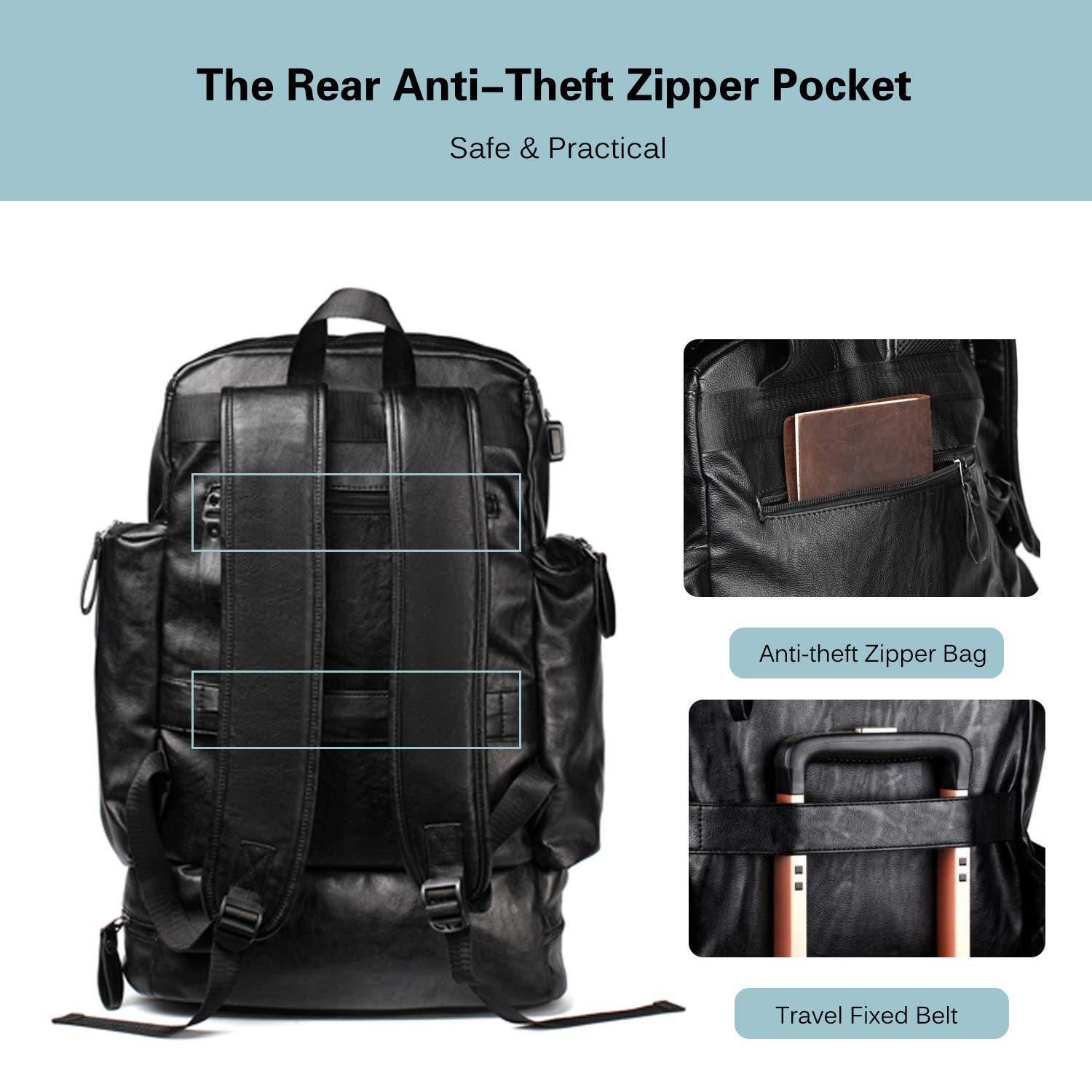 FANDARE Neu Rucksack Herren Business Rucksack für 15.6 Zoll Laptop mit USB Handtasche PU Schulrucksack mit Schuhfach für Arbeit Wandern Reisen Camping Wasserdicht Schultasche Schwarz