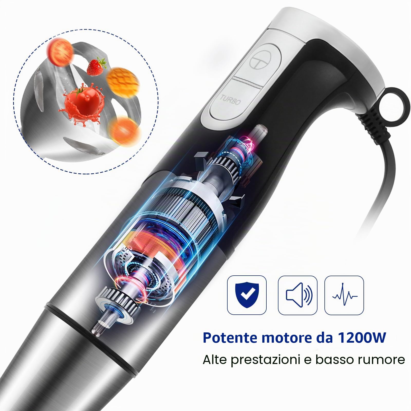 Frullatore a Immersione 1200W 6 in 1 Frullatore Tritatutto Multifunzionale con Acciao Inossidabile 304 Multifunzione Mixer Immersione con Turbo Presa Antiscivolo Velocità Regolabile