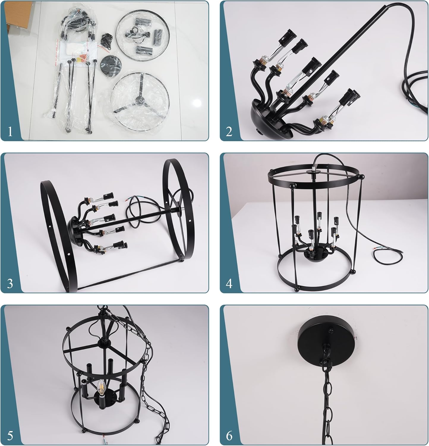 6-Light Black Chandelier Lantern Pendant Light Fixture, Rustic Hallway Chandelier Lighting with Adjustable Cord, Round Metal Cage Hanging Lights for Foyer/Kitchen/Bar/Entryway, E12 Base, Diameter 14"