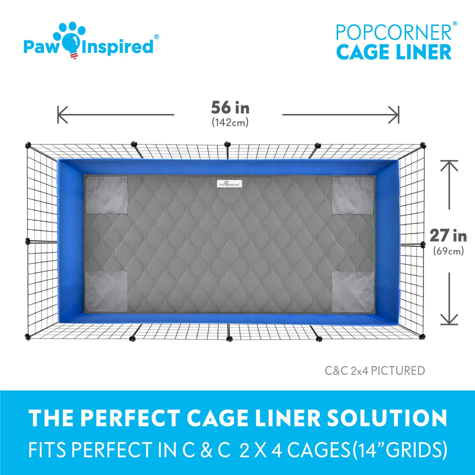 Paw Inspired PopCorner Guinea Pig Cage Liners | Washable Fleece Bedding or Pet Bed Mat for Small Animals | Super Absorbent Pee Pad with Reinforced Corners and Waterproof Bottom (C&C 2x4, Gray) - image 4