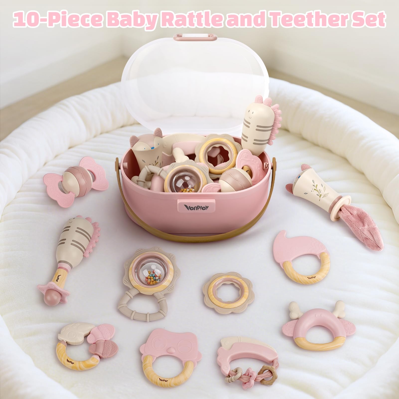 Baby Girl Baby Toys 0-6 Months Newborn Essentials 10pcs Rattles Teething Sensory with Storage Box(Pink), Pink colour - Image 2