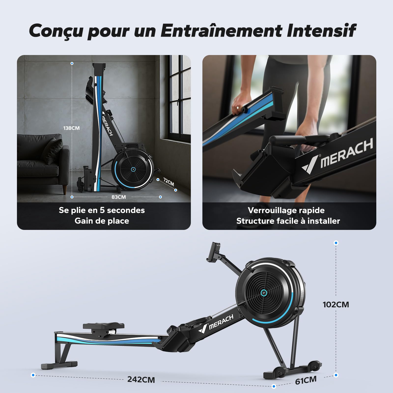 MERACH Rameur d'appartement à Résistance Aérienne, 10 Niveaux Réglables avec APP Exclusive, Rameur Professionnel Musculation pour Intérieur, Siège Ergonomique Confortable, Stockage Facile