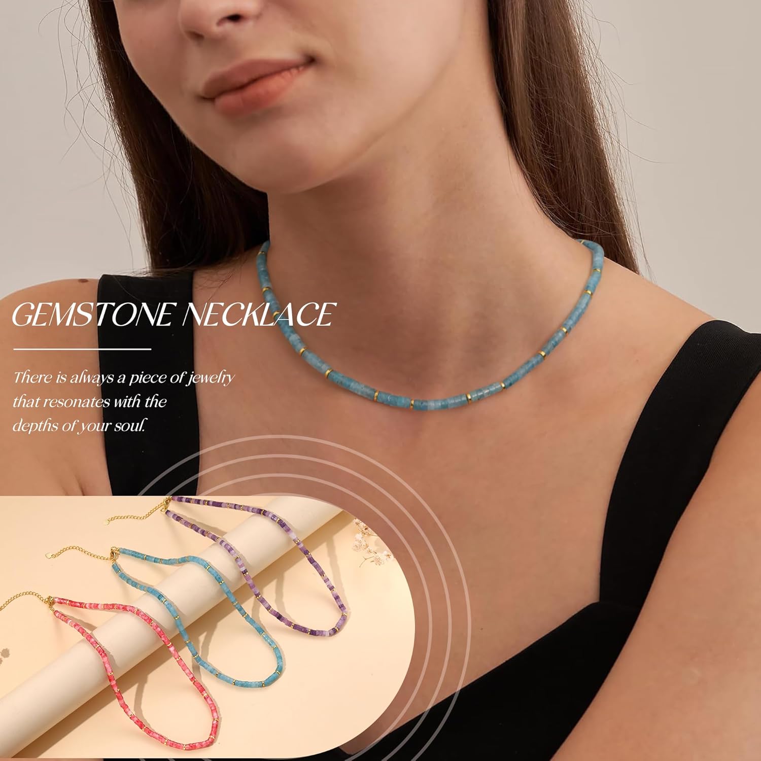 Btysun Choker Necklace for Women, Beaded Necklaces for Women Valentines Day Gifts for Teens Teen Girl Gifts Gifts for Her Adjustable 14k Gold Gemstone Summer Anniversary Birthday Christmas Jewelry - Image 2