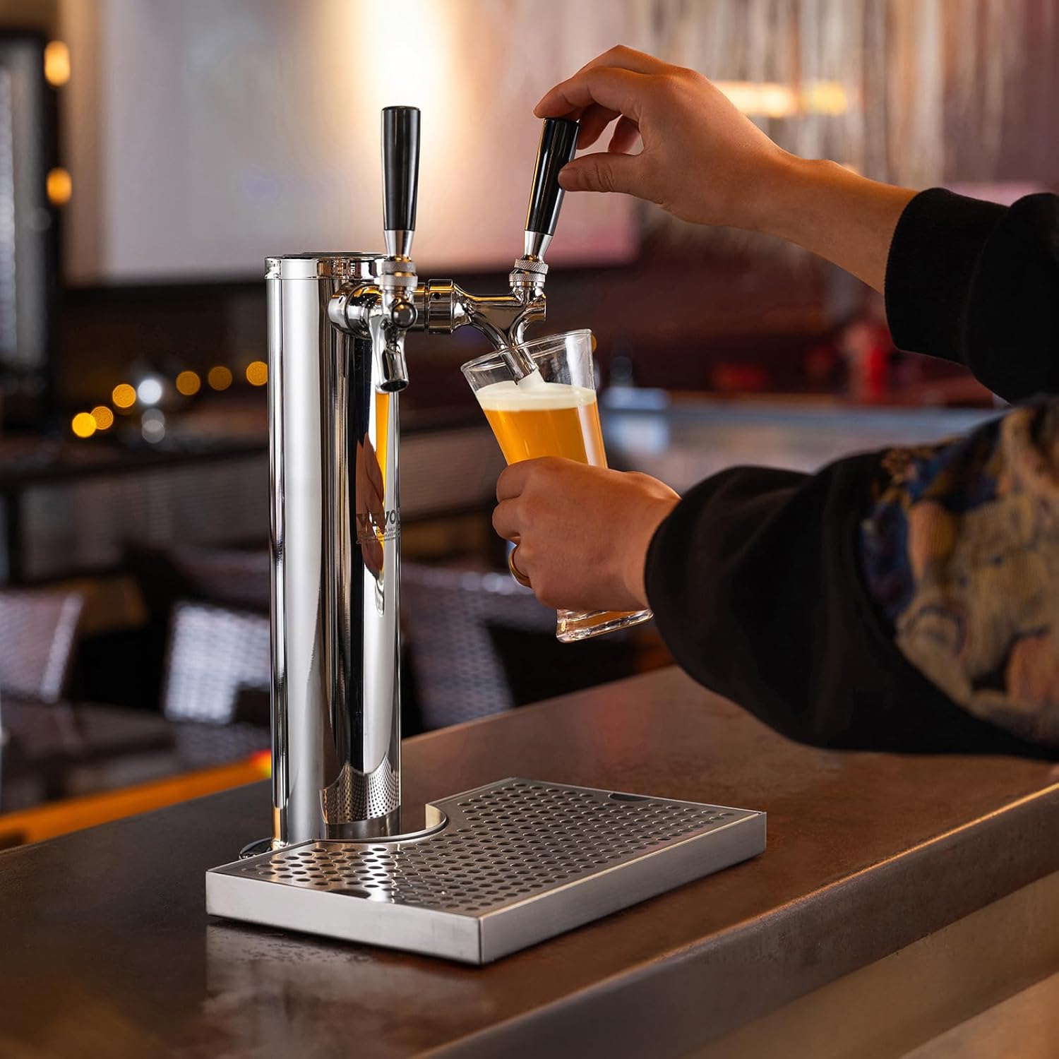 VEVOR Kegerator Tower Kit, Dual Taps Beer Conversion Kit, Stainless Steel Keg Beer Tower Dispenser with Dual Gauge CGA320 Regulator & D-System Keg Coupler, Beer Drip Tray for Party Home