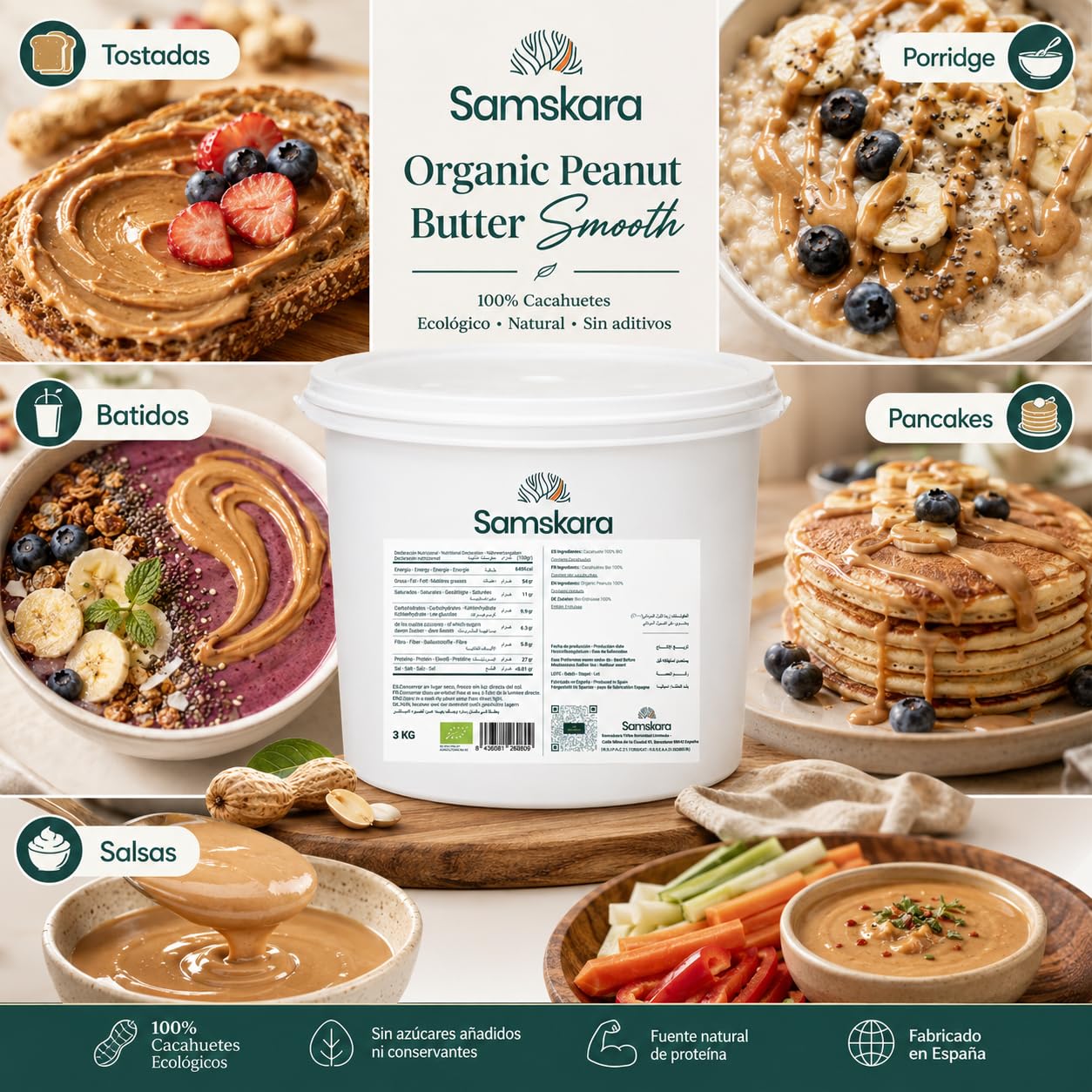 Crema de Cacahuete Ecológica BIO Smooth 3kg x 2 Cubos | 100% Cacahuetes Tostados | Mantequilla de Maní Cremosa Sin Azúcar Añadido, Sin Sal, Sin Aceite de Palma | Vegana | Pack Ahorro