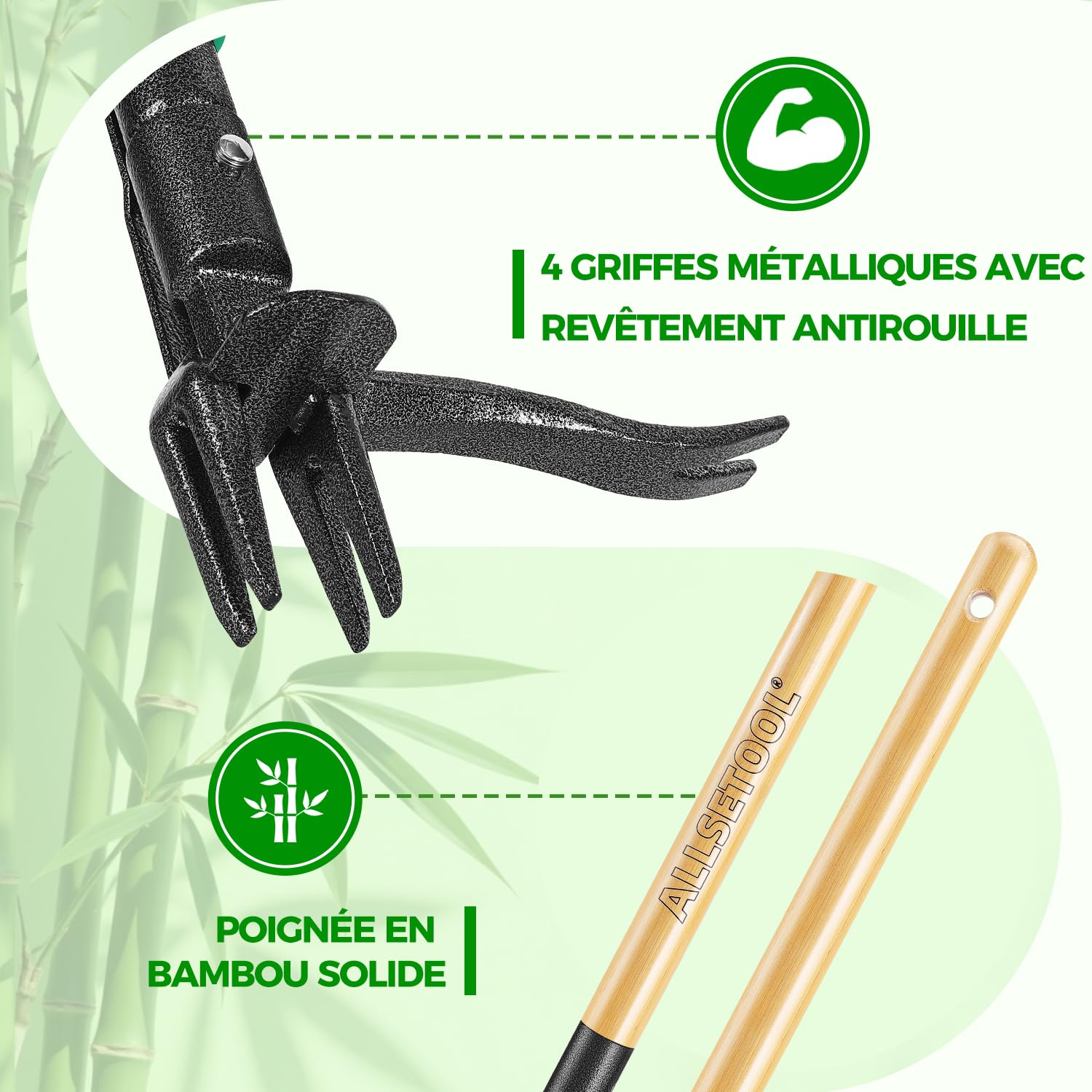 Désherbeur Manuel avec 2 Éjecteurs de Mauvaises Herbes, 1.1m Arrache Pissenlit, Manche en Bambou Véritable, 4 Griffes en Métal et Pédale, Outillage de Désherbage pour Le Jardin
