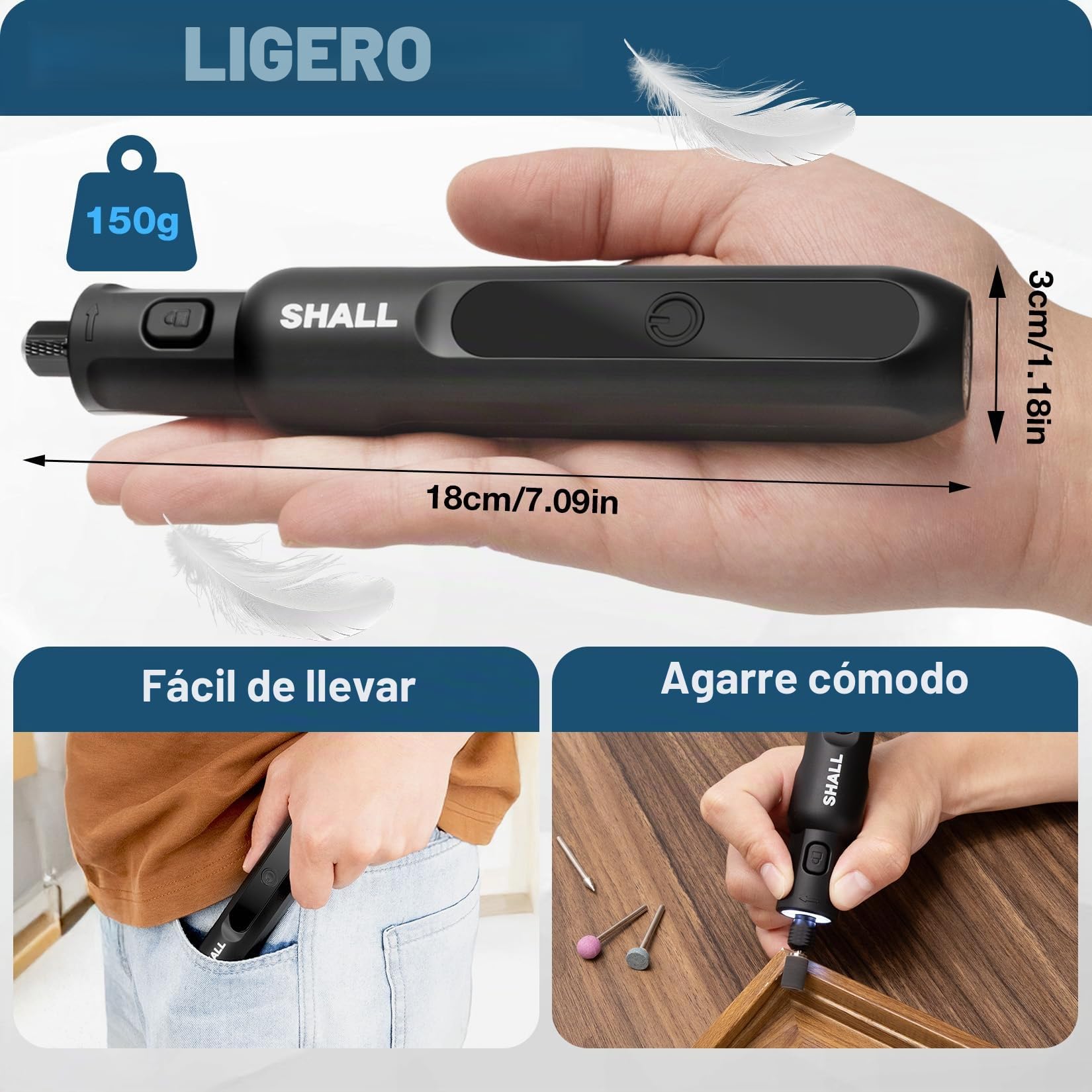 SHALL Mini herramienta giratoria inalámbrica 3.7V, 5000-20000RPM 5 velocidades variables USB recargable con 70 accesorios y luz led, para lijar, pulir, perforar, molir, grabar, cortar, bricolaje