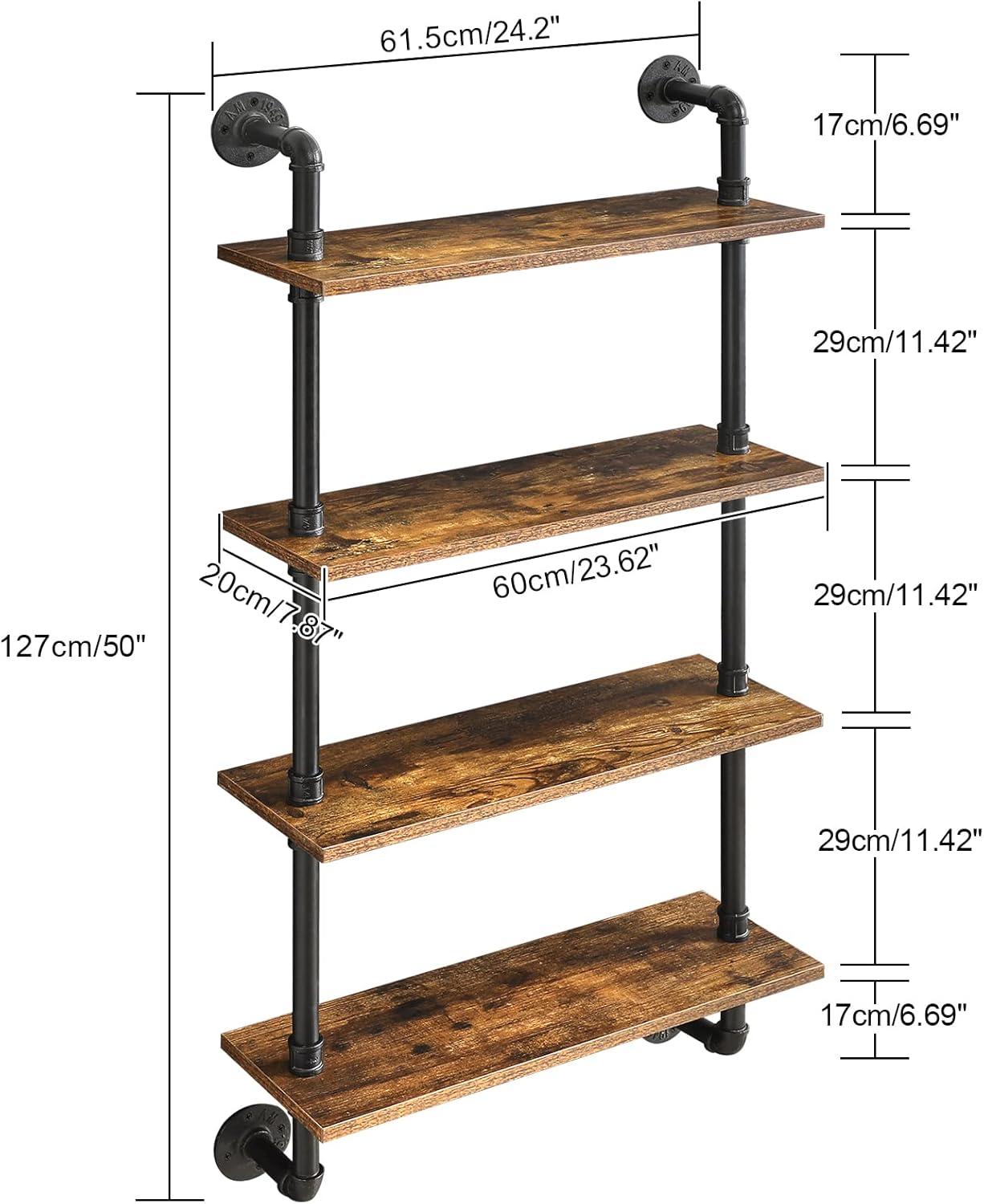 YMYNY Industrial Pipe Shelf Bracket, 4 Tiers Retro Wall Mounted Floating Shelf, Wood DIY Bookshelf, Storage Shelves for Living Room, Bedroom, Office, 24" Farmhouse Bathroom Shelving, UHWS002H