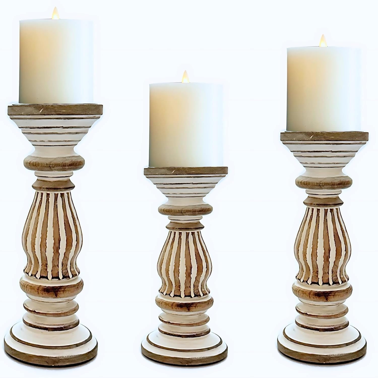 Perilla Home Wooden Pillar Candle Holders Set of 2 - Home Decor Candle Holder Centerpiece - for, Taper Candles, Dining Table Candle Holder Halloween, Home Decor, Candlesticks - Rustic Brown