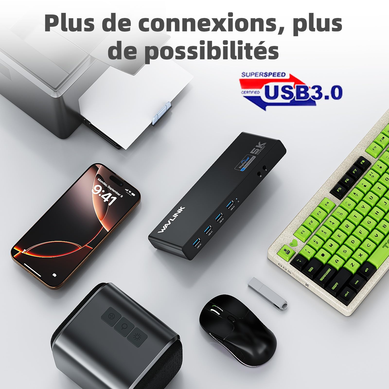WAVLINK Station d'accueil Displaylink, Station d'accueil Universelle USB C avec 2 × HDMI & DP, Ethernet Gigabit, 6 × USB 3.0, Audio, Microphone, Compatible avec Mac OS et Windows
