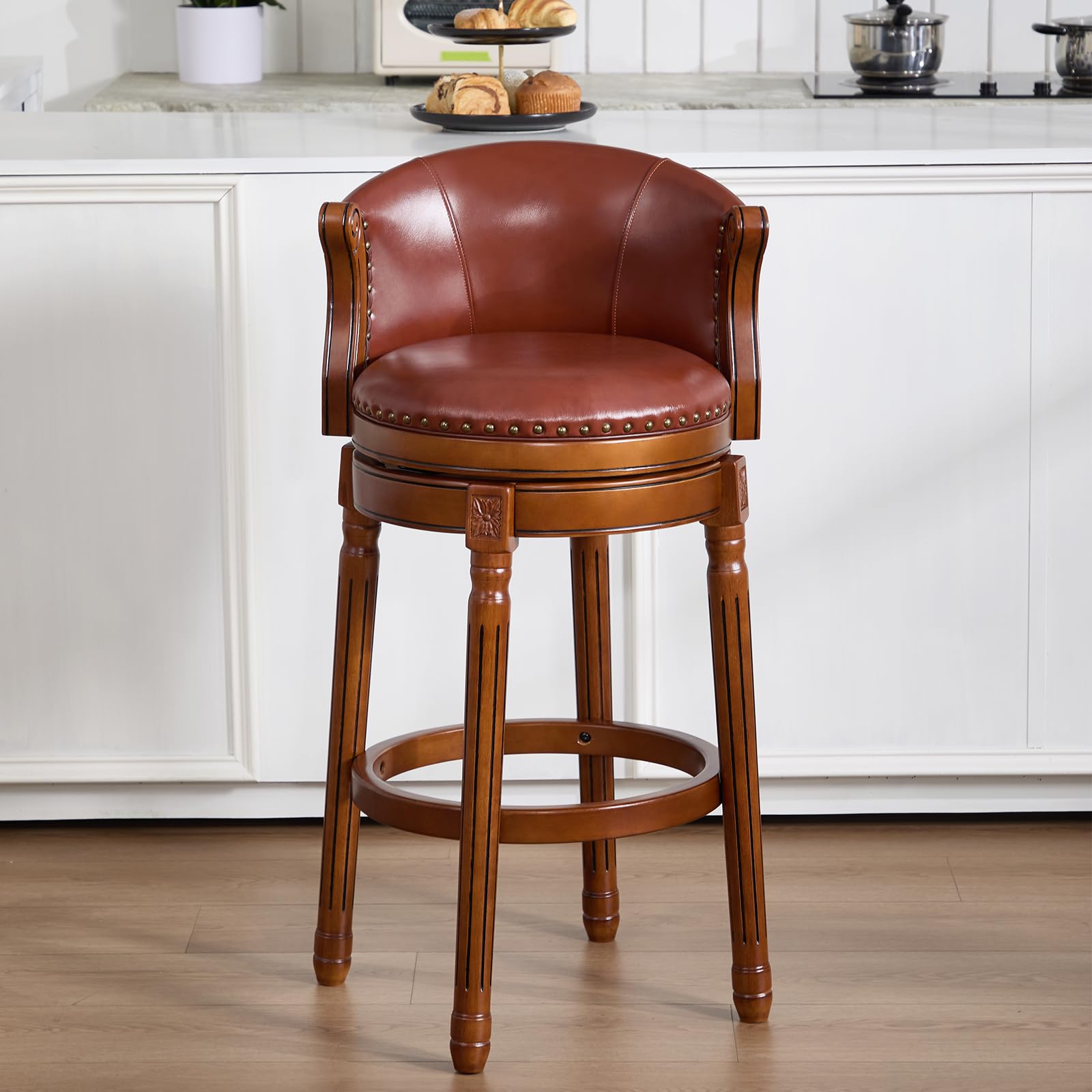 CozyRain Tabourets de Bar pivotants en Bois d'hévéa avec Dossier et Repose-Pieds pour la Maison, la Cuisine, Le comptoir, la Salle à Manger (Marron, Hauteur du siège 75 cm)