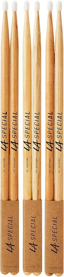 Baquetas LA Specials - Baquetas Hickory 7A - Conjunto para baterias acústicas ou eletrônicas - Ponta oval de nylon - Peso e tom consistentes - 3 pares