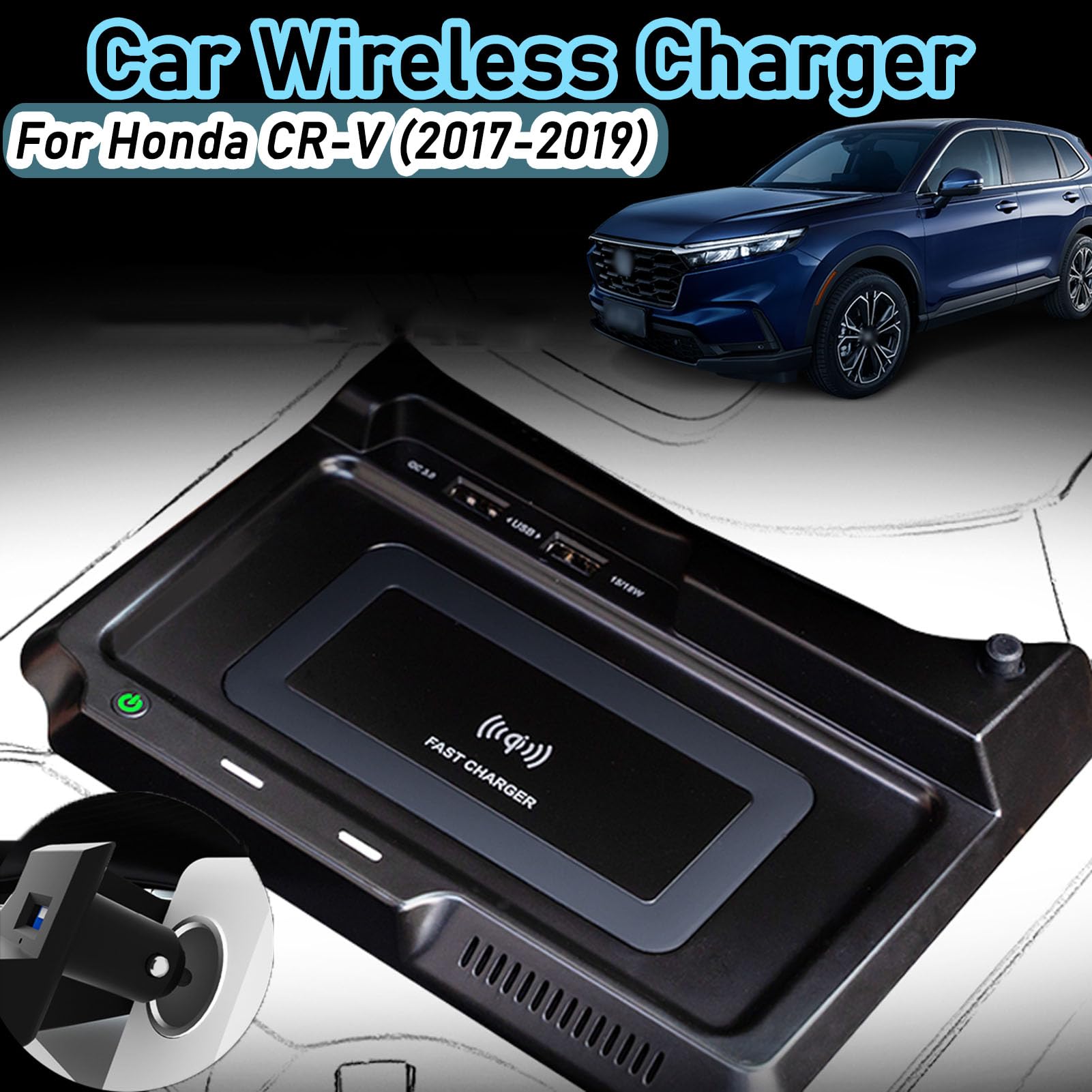 CenNa Caricabatteria per Auto Wireless per Hon-da CR-v (2017 2018 2019) Accessorio per Tutti I Modelli con Wireless da 15 W E Doppia USB Qc3.0 Regalo di Ricarica Rapida per La Famiglia