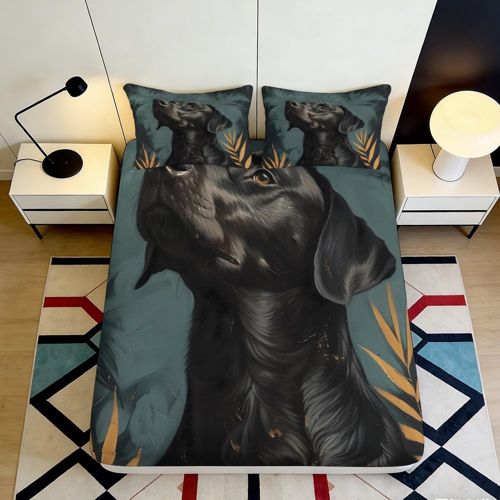 3D Printed Black Labrador Dog Fitted Sheet Microfiber Anti-Slip Mattress Cover for Bedroom Guest Room Easy Care 160x200x25cm