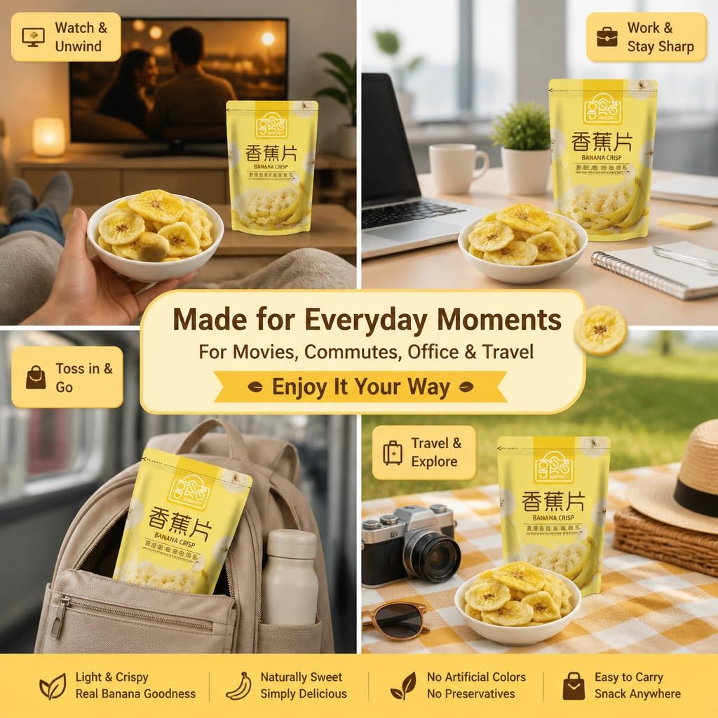 Chrupiące Naturalne Chipsy Bananowe, 100 G X 5 Torebek, Suszone Plastry Owoców, Niesmażone, Wegańskie, Bezglutenowe, Idealne Do Biura, Podróży I Prezentów