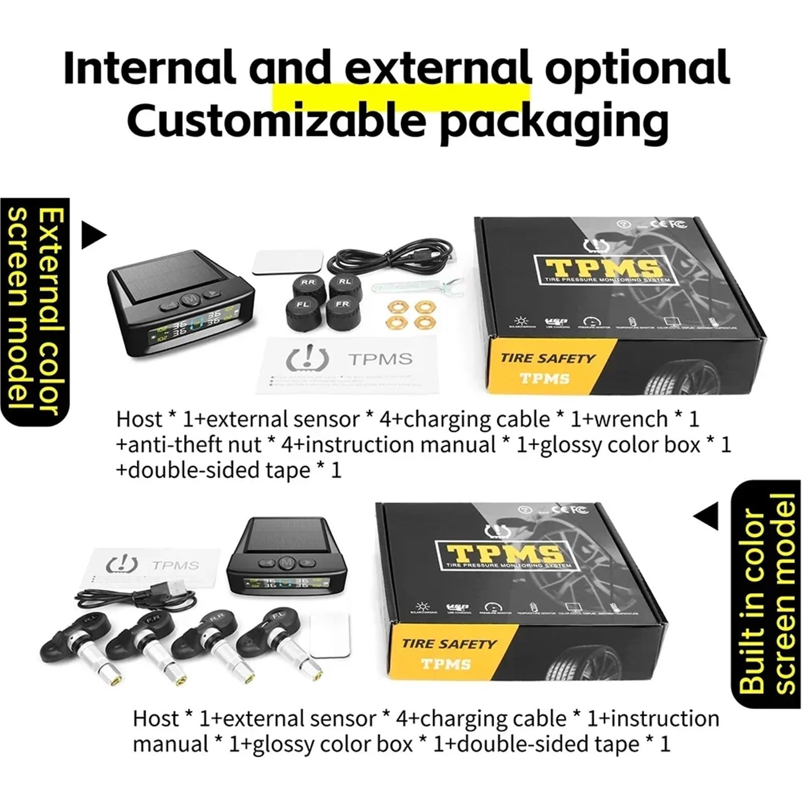 Allarme per Auto di Sensori Sistema di Monitoraggio della Pressione dei Pneumatici TPMS | Sistema di allarme di sicurezza per auto Wireless solare e alimentato tramite USB 4 sensori(Built-in)