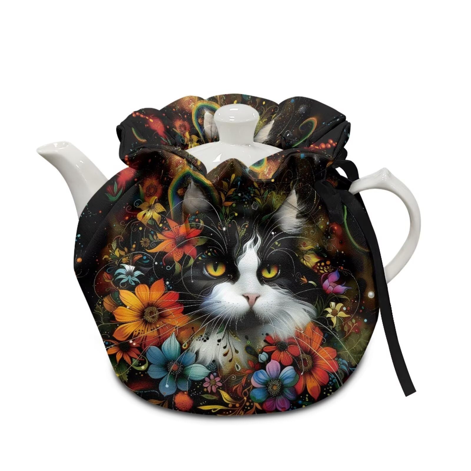 Xoenoiee Cute Cat Colorful Flower Pattern Tea Cozy Tea Cosy for Teapots Keep Warm Teapot Cover Insulated Kettle Cover for Home Kitchen Table Decor