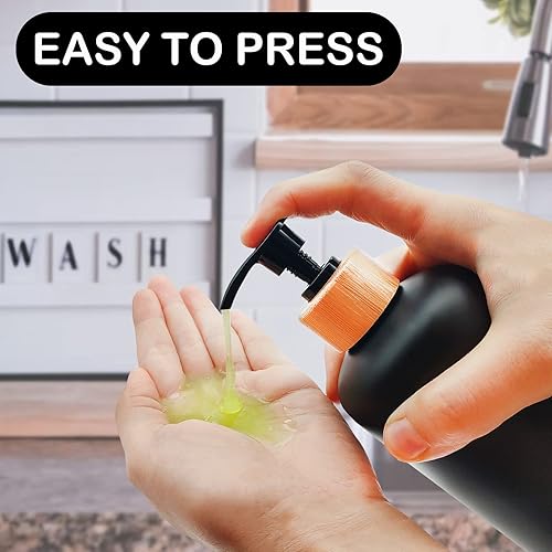Miniatura 4 de Juego de dispensador de jabón negro de 16 onzas con bomba de bambú, dispensador de jabón de manos y platos para cocina, dispensador de loción de