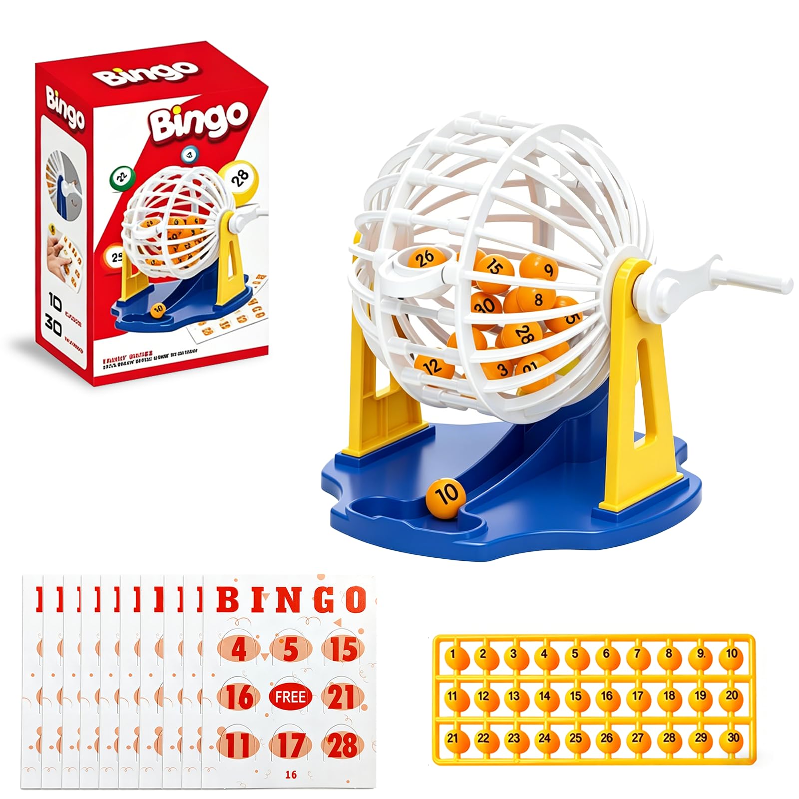 Mini Bingo Spiel Set mit Lostrommel 30 Kugeln, 10 Karten, Spielbrett, Lernspielzeug Nummer Lotto Spiel Erwachsene, für Familiares Grupales Eventos