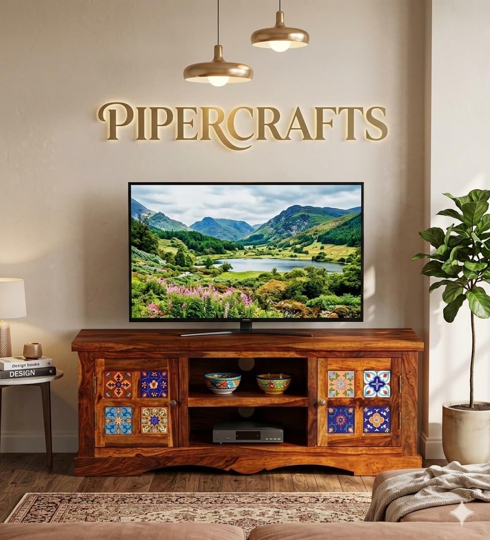 PIPERCRAFTS Solid Sheesham Wood Home Entertainment Unit Table Set Top Box Stand Shelf TV Console in Honey Oak Finish-picture-13