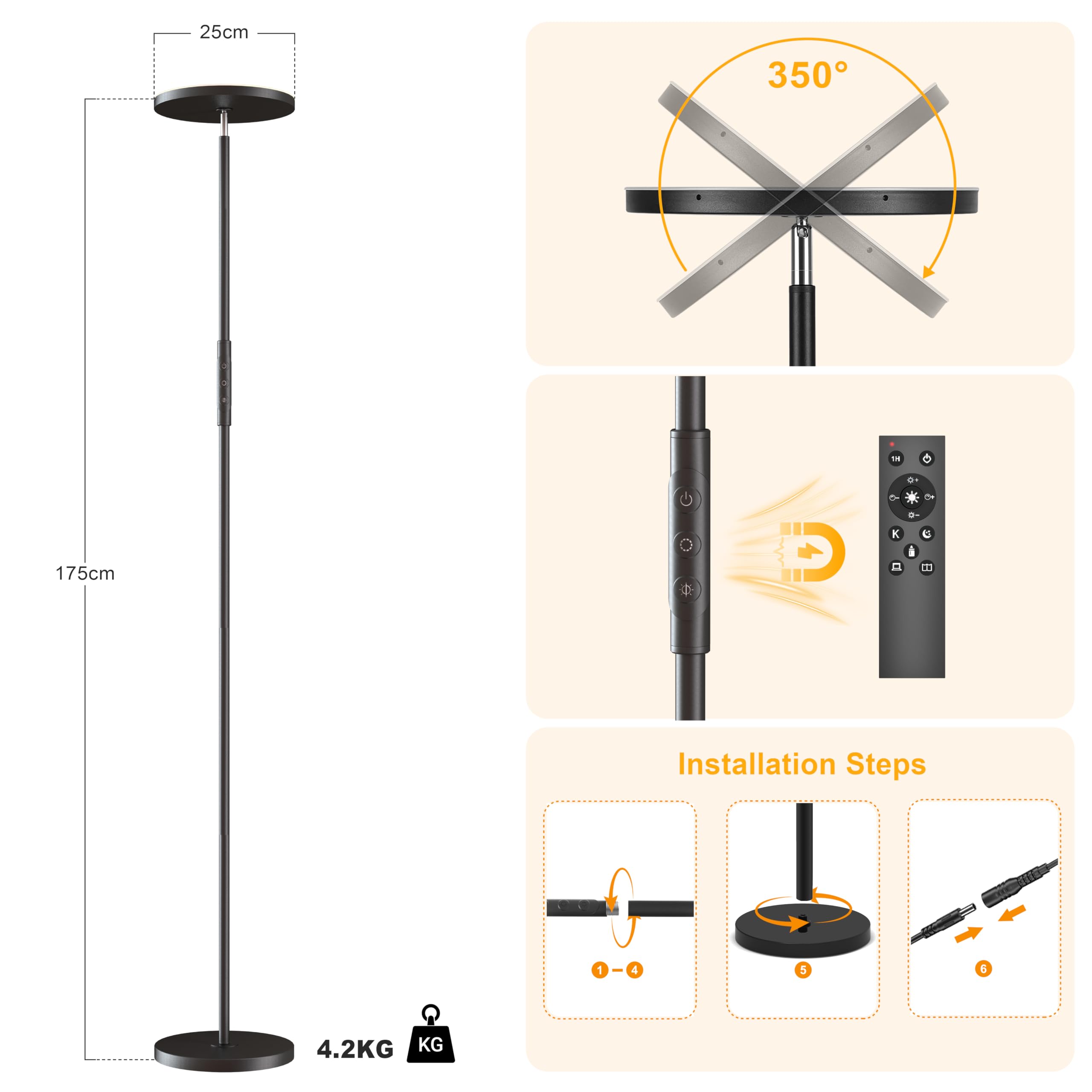 36W Lampada Da Terra Salotto, 3600LM Luminosa LED Piantana Dimmerabile con Telecomando e Touch Control, 2700K-6500K Moderna Lampada Da Terra per Soggiorno Letto Ufficio
