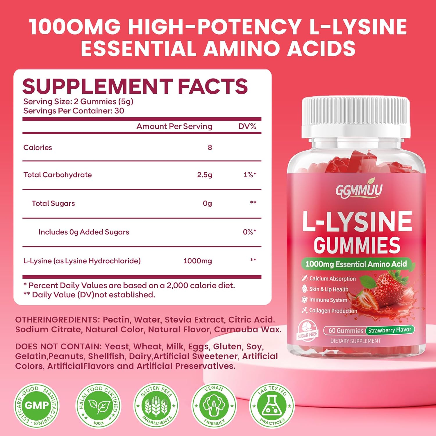 2 Pack L-Lysine Gummies 1000mg L-Lysine Supplement for Adults & Kids, Essential Amino Acid Supplement for Lips & Oral Health, Immune Support, Strawberry Flavor, 120 Count