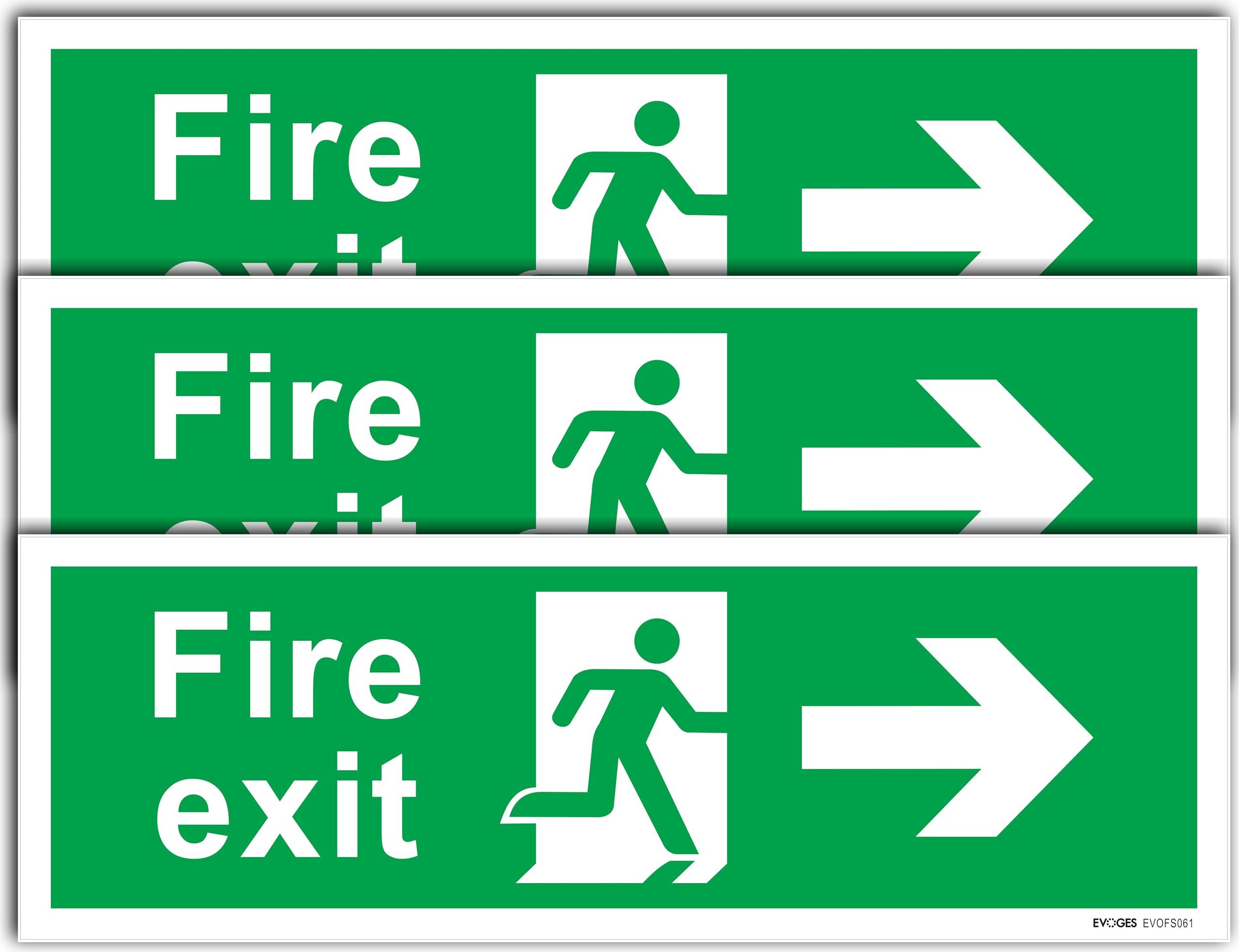 Evoges 3-Pack Fire Exit Sign (Arrow Right) 300x100mm | Self Adhesive Vinyl Safety Sticker, Commercial Emergency Exit Signs for Office & Warehouse