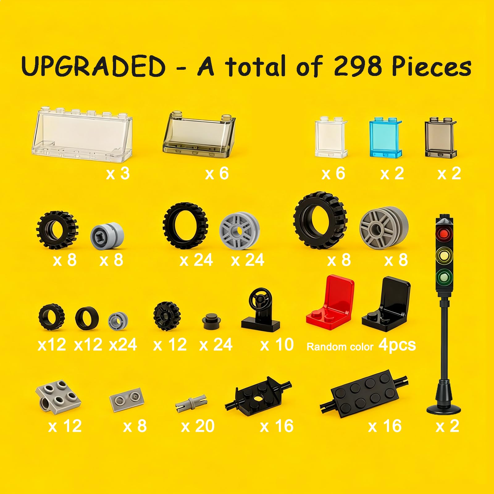 Pamvava Wheels and Axles Sets Building Blocks Tires, 298 Pieces City Car Parts, Windshield Vehicle Accessories Construction Boys Toy - Image 2