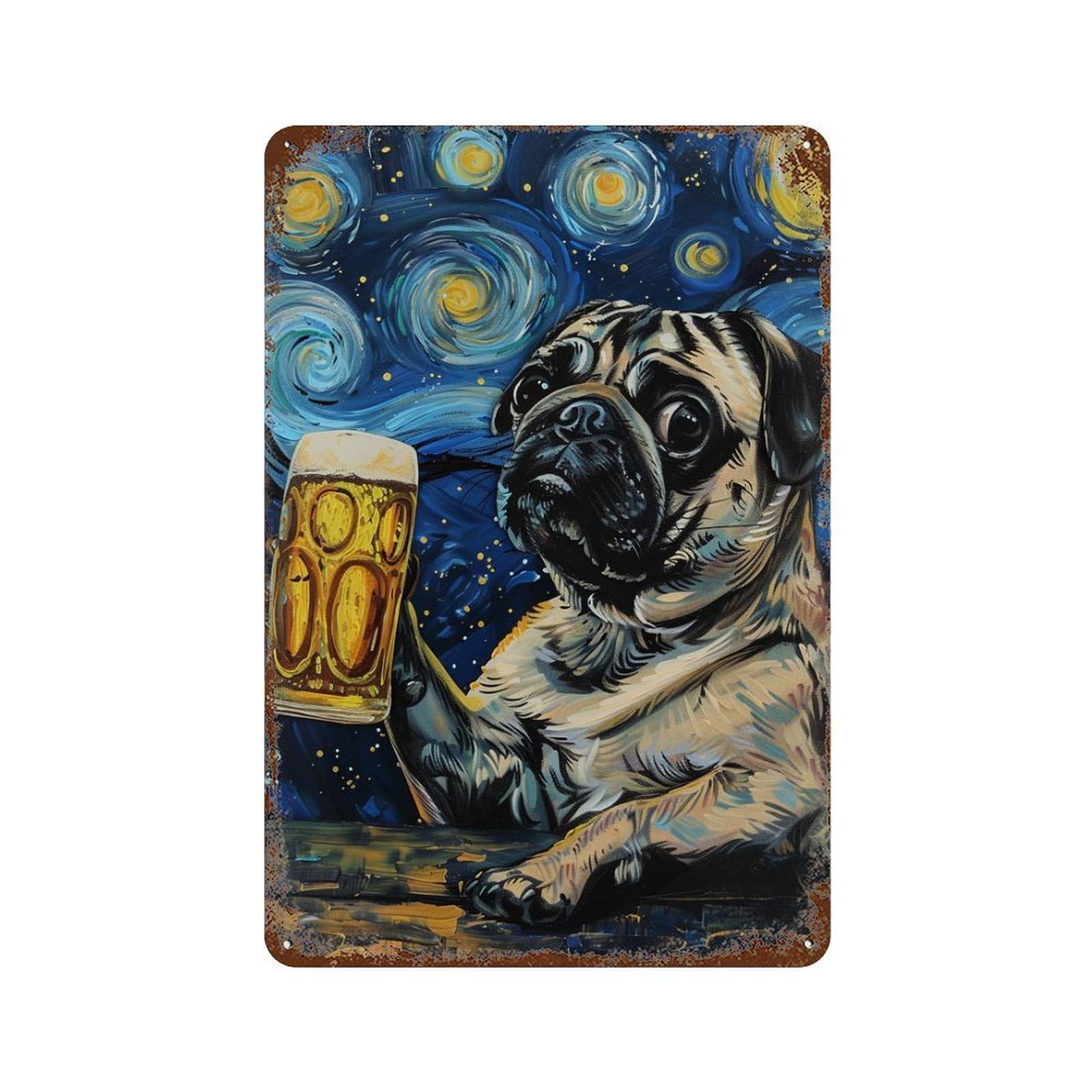 Rust Effect Pug with Beer Mug Art Print Rusty Metal Tin Sign 11.8"x7.9", Industrial Home Decor for Living Room, Hallway And Home Decor