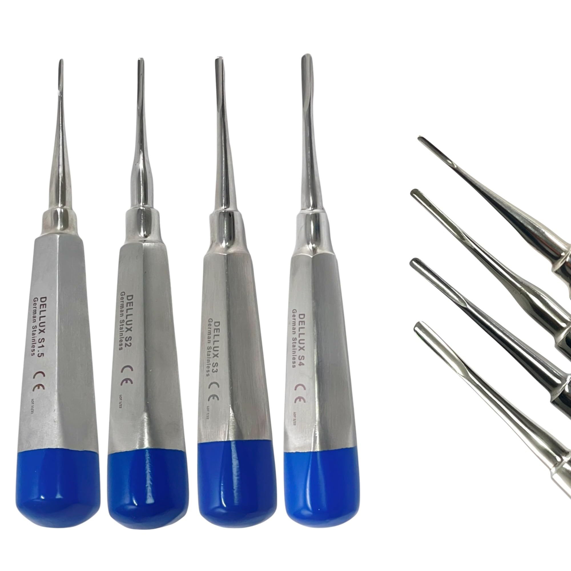 Set of 4pcs Denal Luxating Elevator Picks - Straight Tip, 1.5mm + 2mm + 3mm + 4mm | Lightweight Blue Handle | Autoclave-Safe German Stainless Steel