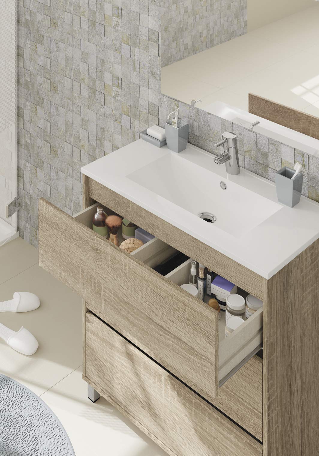 MUEBLES PITARCH | Ensemble Meuble de Salle de Bain avec lavabo en céramique et Miroir Inclus, 3 tiroirs, Largeur 80cm, avec Pieds, Blanc, pour lavabo encastré, Style Moderne, modèle Kalma