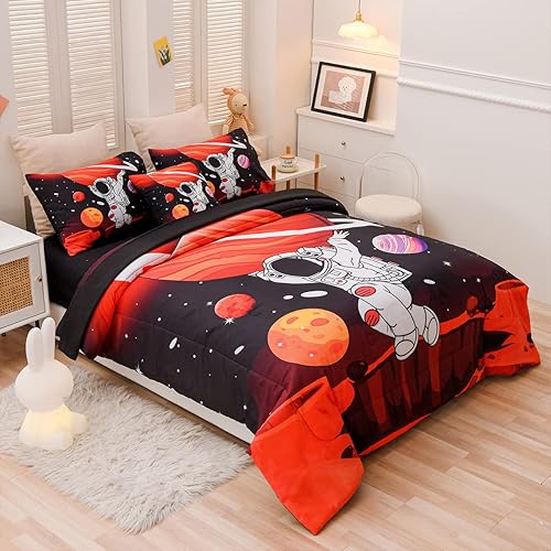 Miniatura 6 de Tasselily Juego de edredón de tamaño matrimonial para niños, juego de ropa de cama de astronauta del espacio exterior en una bolsa, juego de edredón