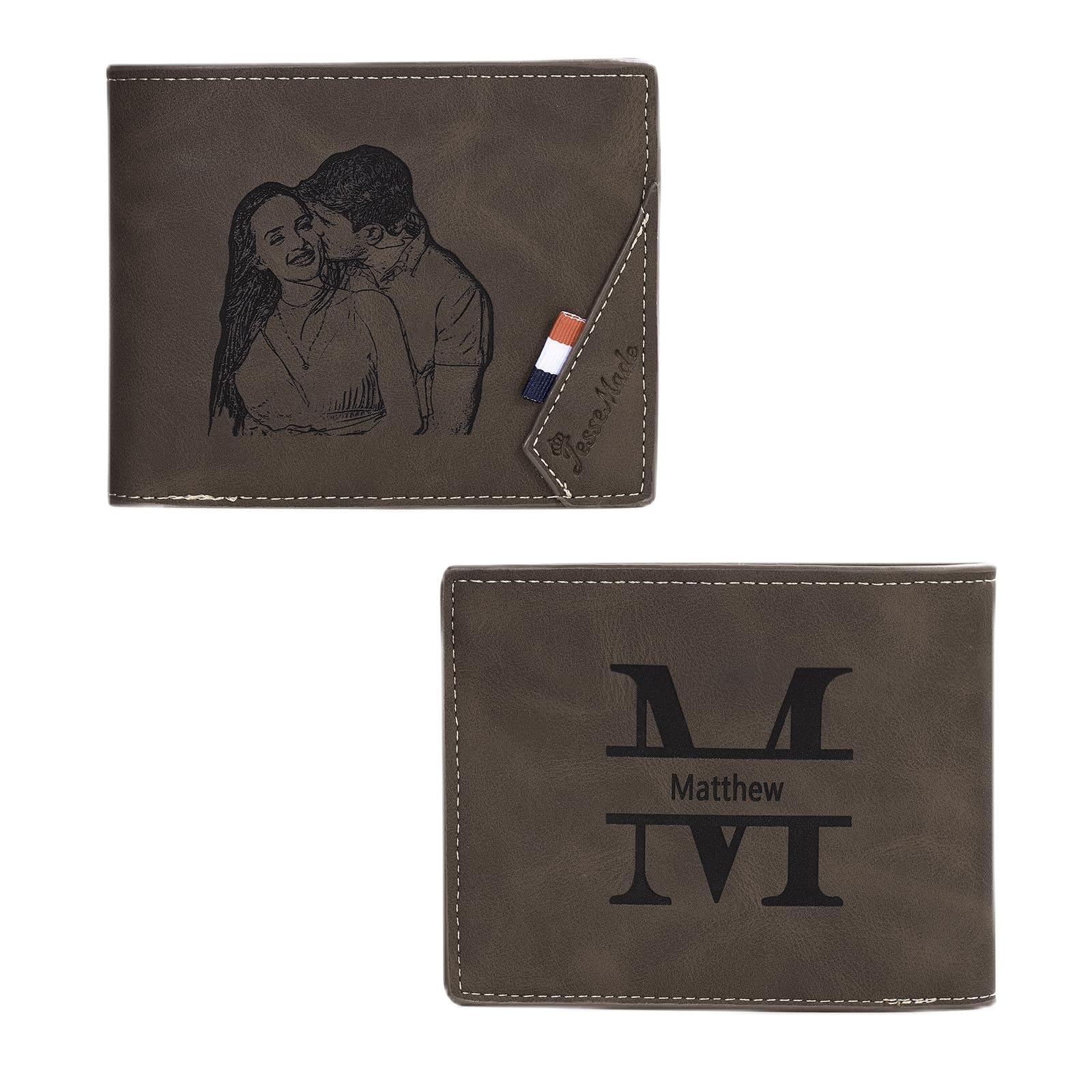 EnvoGif Custom Wallets for Men Personalized Engraved Photo Name Leather Wallets for Dad Boyfriend Husband Son Birthday Anniversary Father's Day