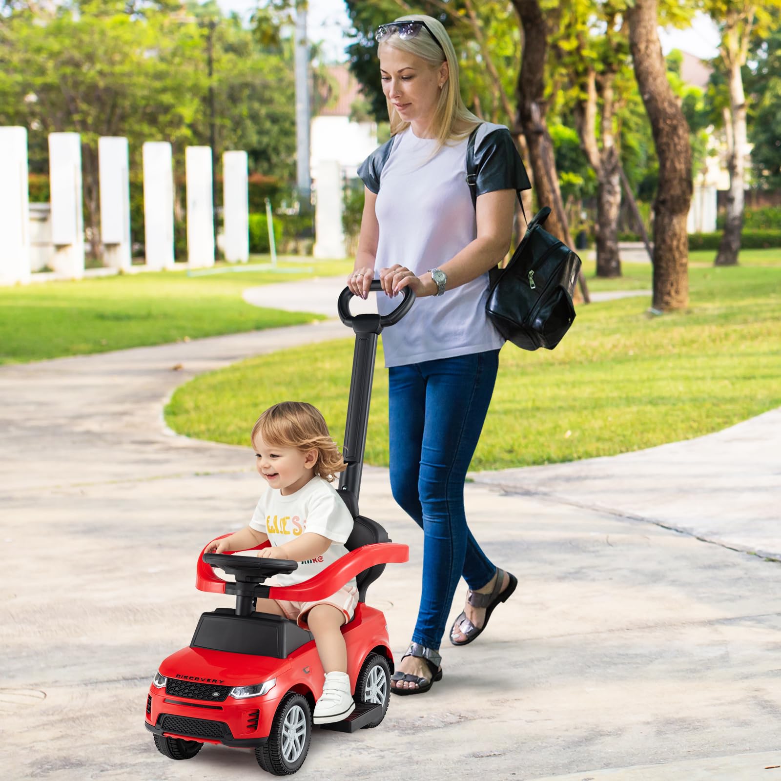 RELAX4LIFE 3-in-1 Auto a Spinta/Passeggino per Bambini/Carrozzina Scorrevole con Maniglione Rimovibile e Pedana Retrattile, Barra di Scorrimento e Portaoggetti Nascosto, 1-3 Anni (ROSSO)