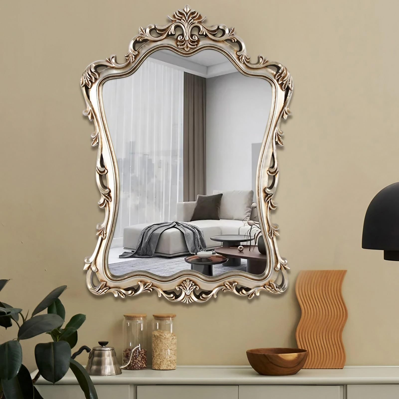FGXHHS Antique Decorative Wall Mirror, 89×63 cm Traditional Carved Baroque Vanity Vintage Home Decor for Living Room Bedroom Bathroom Entryway(Antique Silver)